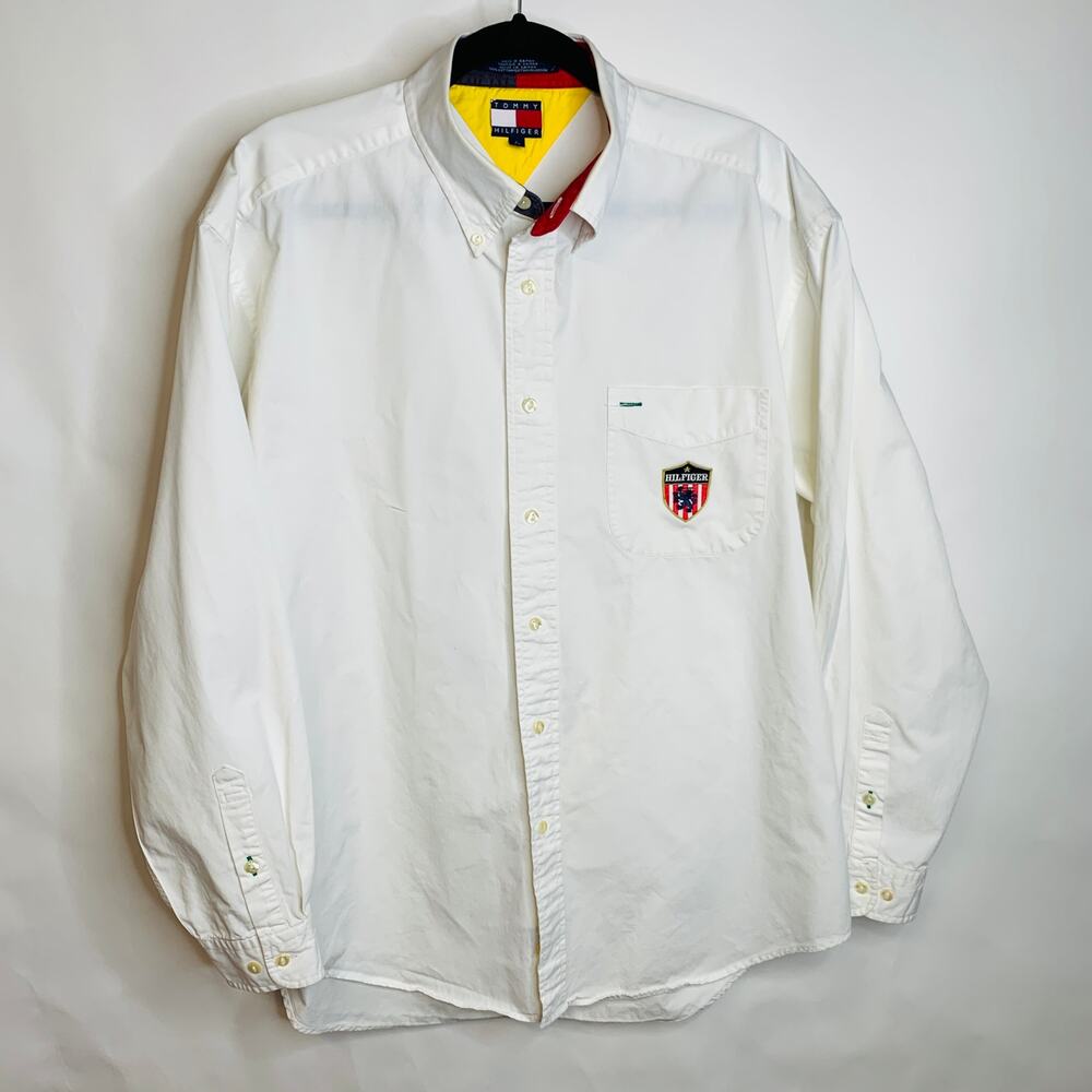 Tommy Hilfiger White Button Up Shirt Lion Flag Shield Pocket Sz Large